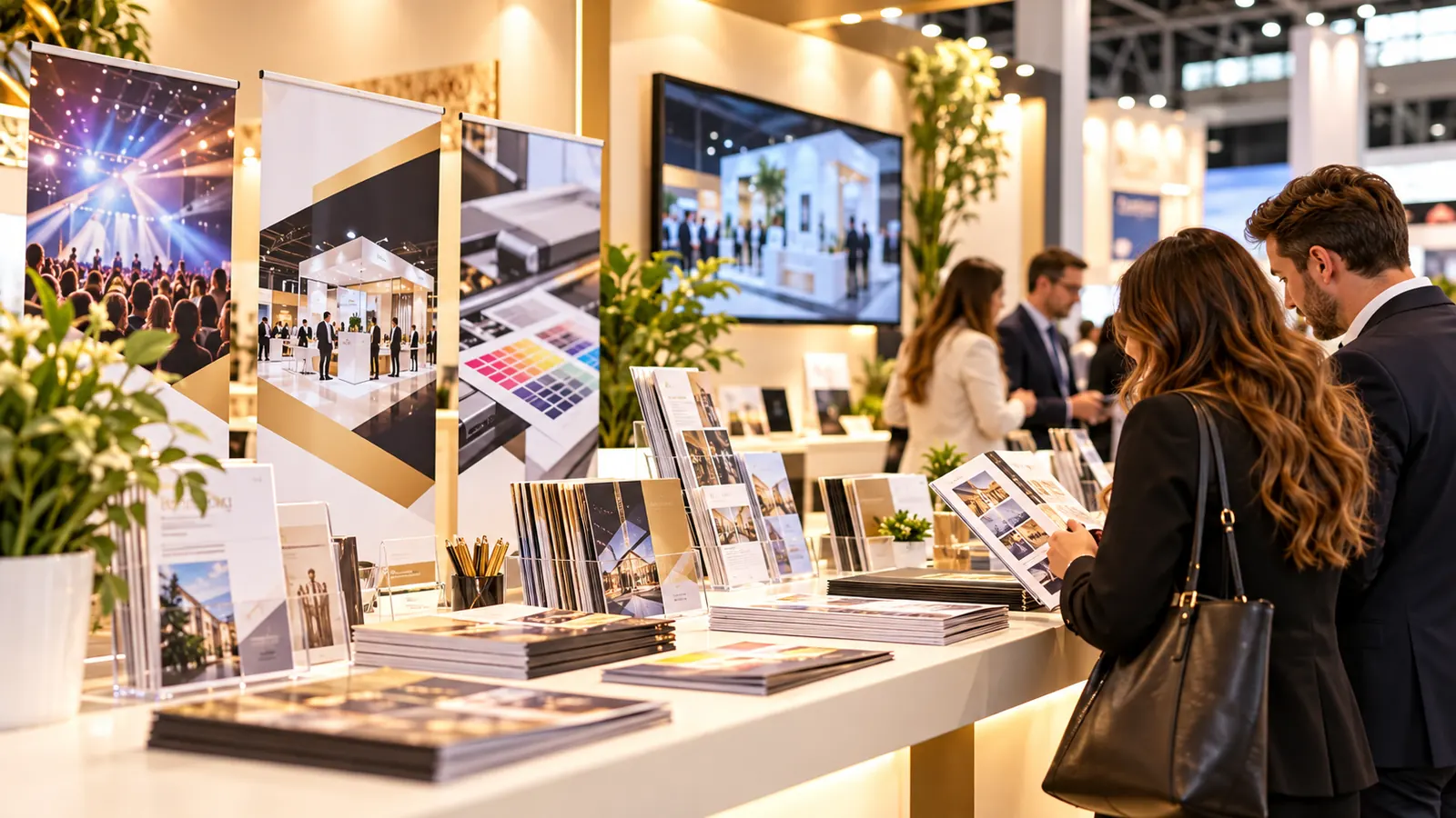 Trade-fair stand with brochures and promotional materials
